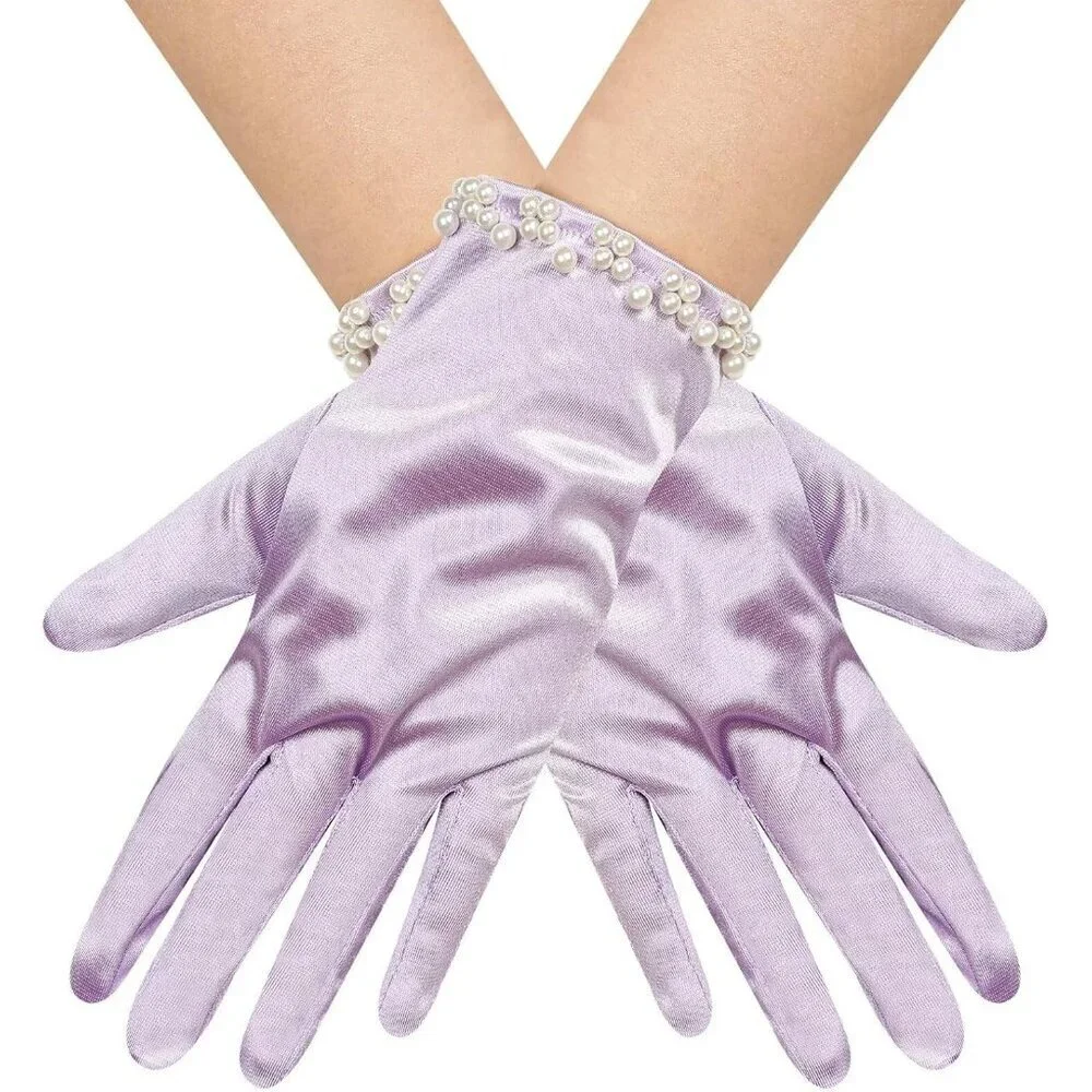 Women's Lavender Satin Pearl Short Length Gloves Wedding Banquet Party Prom
